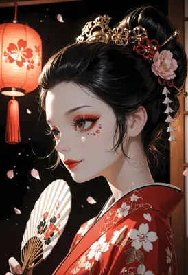 Elegant Geisha Amidst Falling Sakura Petals