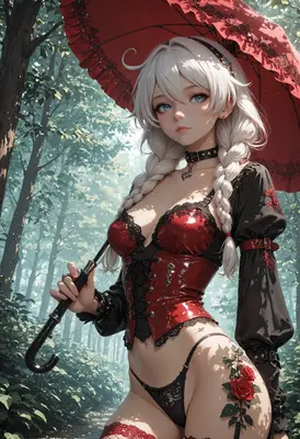 Gothic Beauty with Red Parasol