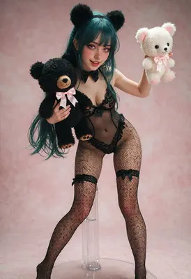 Playful Cosplayer With Her Teddy Bears