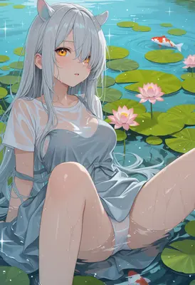 Serene Cat Girl in Lotus Pond