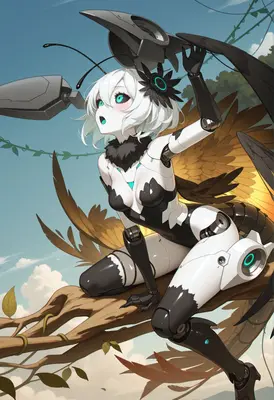 Cyborg Insectoid Girl Perched on Branch