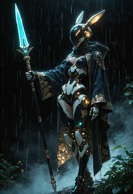 Cybernetic Rabbit Knight in the Rain