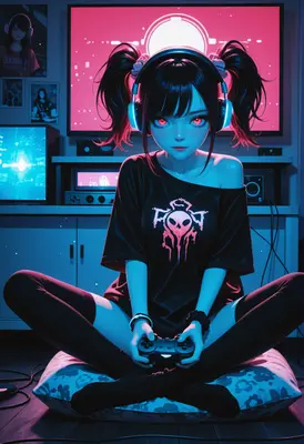 Neon Gamer Girl With Twin Tails