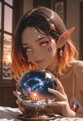 Elf Girl Holding a Winter Galaxy Globe