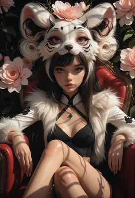 Girl Wearing Tiger Headdress Among Roses