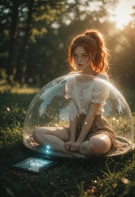 Girl Inside a Glowing Glass Dome