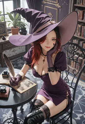 Elegant Witch Studying in Her Library