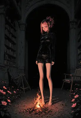 Girl Standing by a Small Fire