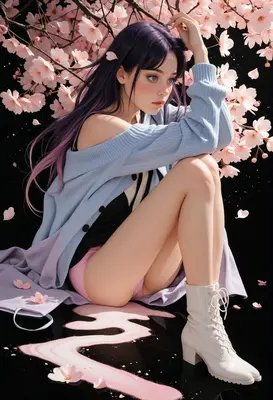 Purple Haired Girl Under Cherry Blossoms