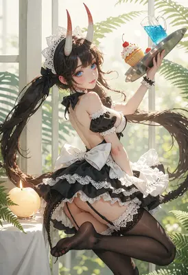 Demon Maid Serving Treats in Greenhouse