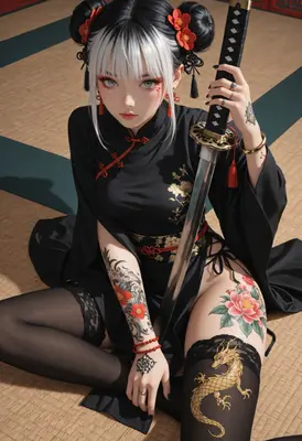 Tattooed Warrior with Traditional Katana