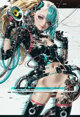 Cybernetic Glitch Girl with Floral Tattoos