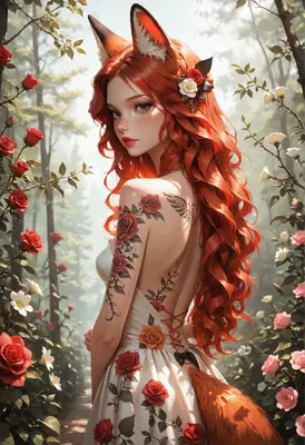 Fox Girl in Rose Garden