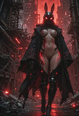 Cybernetic Bunny Warrior in Ruined City