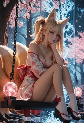 Kitsune Maiden Resting on a Swing