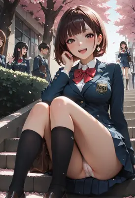 Cheerful Schoolgirl Sitting on Campus Steps