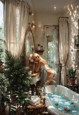 Blonde Beauty in Sunlit Botanical Bath