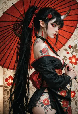 Oni Maiden with Red Paper Umbrella