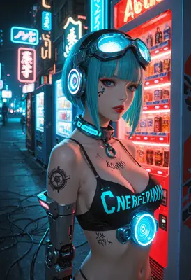 Cybernetic Girl at Neon Vending Machine