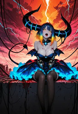 Cybernetic Demon Queen Under Stormy Skies