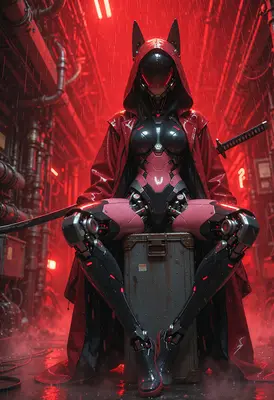 Cybernetic Assassin in Red Alleyway