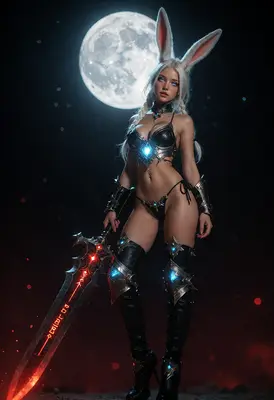 Moonlit Bunny Warrior with Glowing Blade