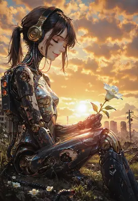 Cyborg Girl Finding Peace at Sunset