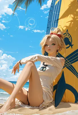 Blonde Surfer Girl on Sunny Beach