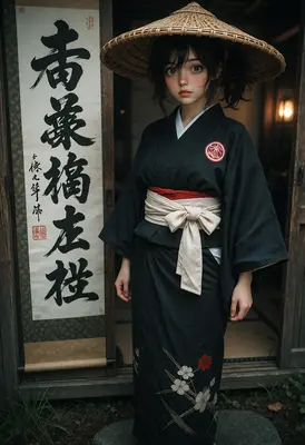 Young Girl in Traditional Black Kimono