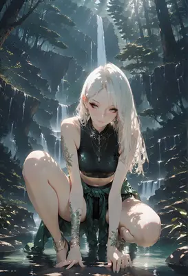 White Haired Beauty by the Waterfall