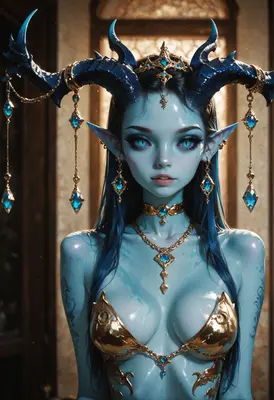 Ethereal Blue Horned Goddess Portrait