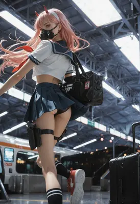 Gas Mask Schoolgirl at Train Station