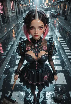 Unicorn Maid in the Rainy Street