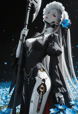 Gothic Android Sentinel in Blue Flowers