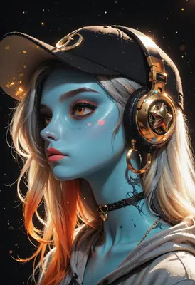 Blue Skinned Cyberpunk Girl with Headphones