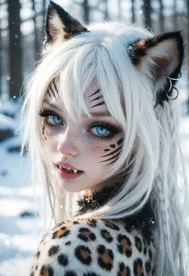 Snow Leopard Girl in Winter Forest