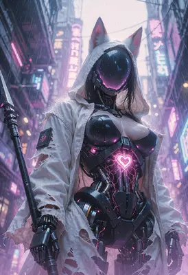 Cybernetic Cat Girl in Neon Rain