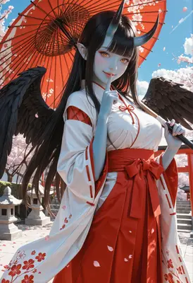 Oni Maiden Beneath Cherry Blossoms
