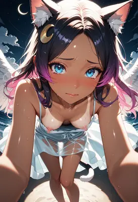 Crying Angel Cat Girl Under Moonlight