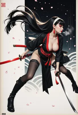 Samurai Maiden Amidst Falling Petals