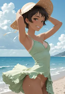 Cheerful Girl in Summer Beach Dress