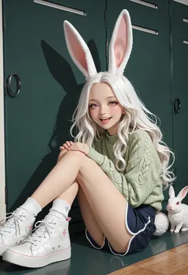 Cute Bunny Girl Sitting By Lockers