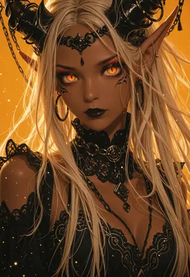 Gilded Demoness with Glowing Amber Eyes