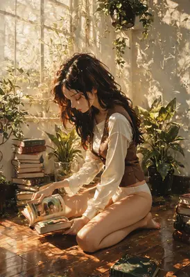 Girl Reading Amidst Sunlit Plants