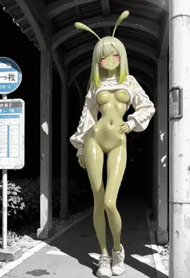 Wet Alien Girl at Bus Stop