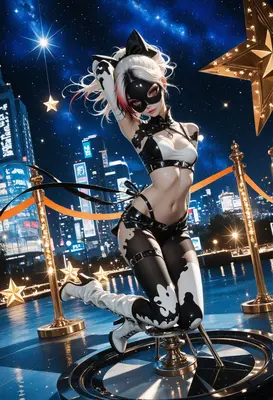 Starry Night Cow Print Cat Girl