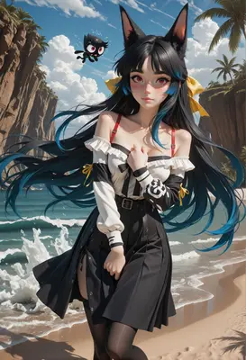 Cat Girl Strolling Along Tropical Shore