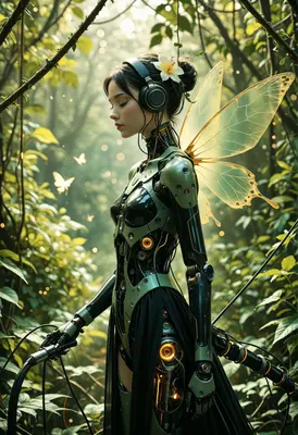 Cyborg Fairy Listening in the Forest