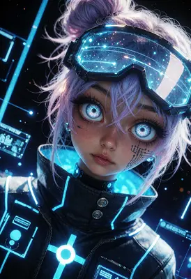 Cybernetic Girl with Glowing Digital Eyes