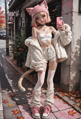 Cute Cat Girl Selfie in Autumn